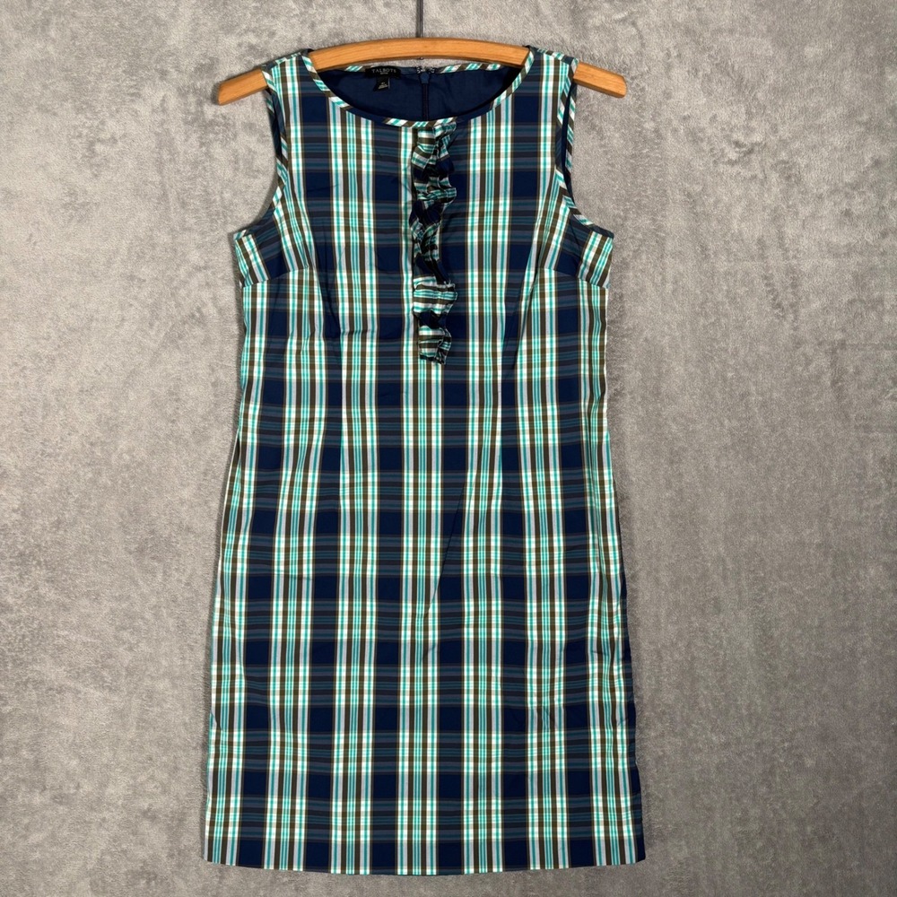 Talbots Petites Dress Women's 4P Blue Green Plaid Ruffle Front Sleeveless Sheath